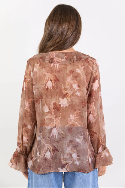 Among The Brave Bohemian Ochre Floral Black Trim Sheer Frill Front Blouse