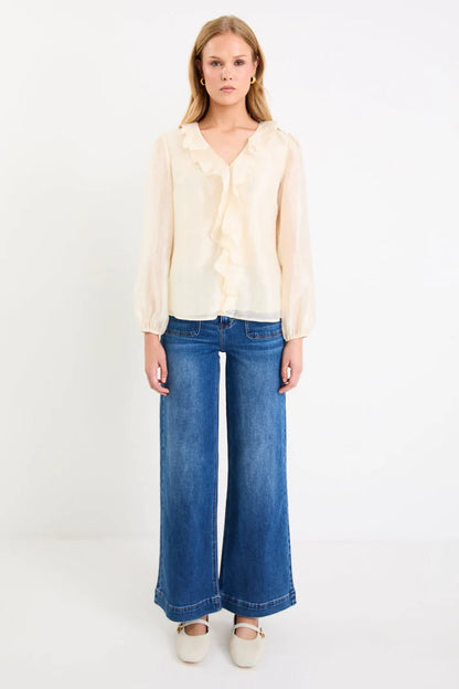 By Rosa Breeze Ivory Frill Front LS Top