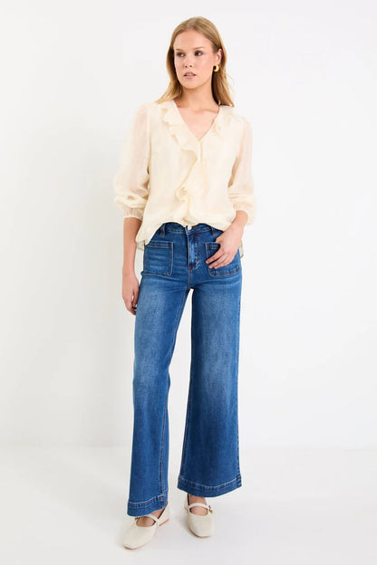 By Rosa Breeze Ivory Frill Front LS Top