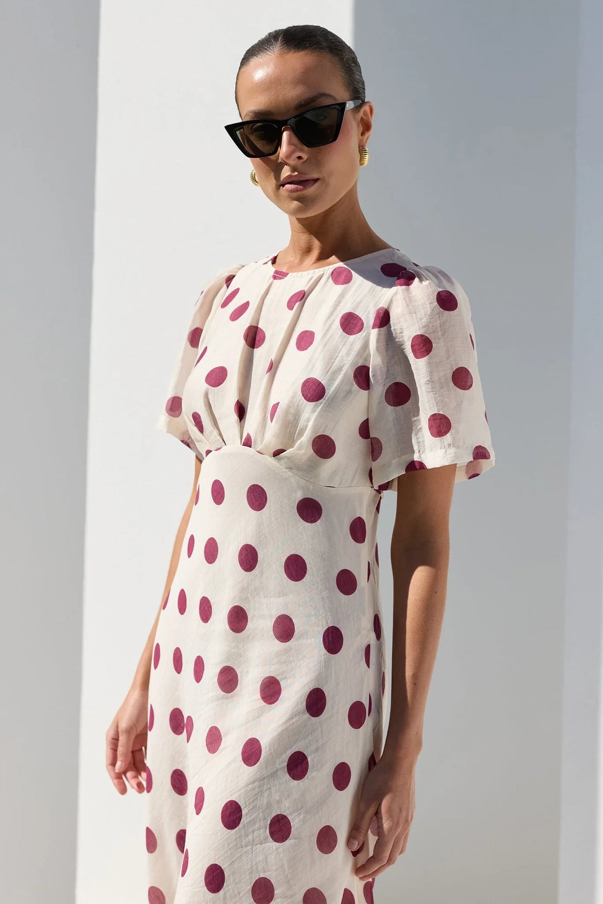 Stories Be Told Centrestage Cream Wine Polka Dot Twist Front SS Maxi Dress