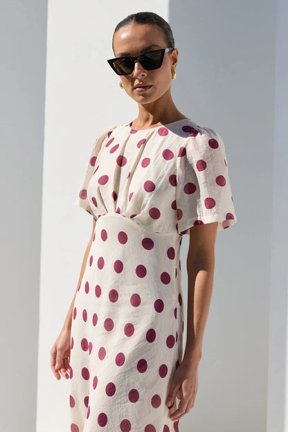 Stories Be Told Centrestage Cream Wine Polka Dot Twist Front SS Maxi Dress