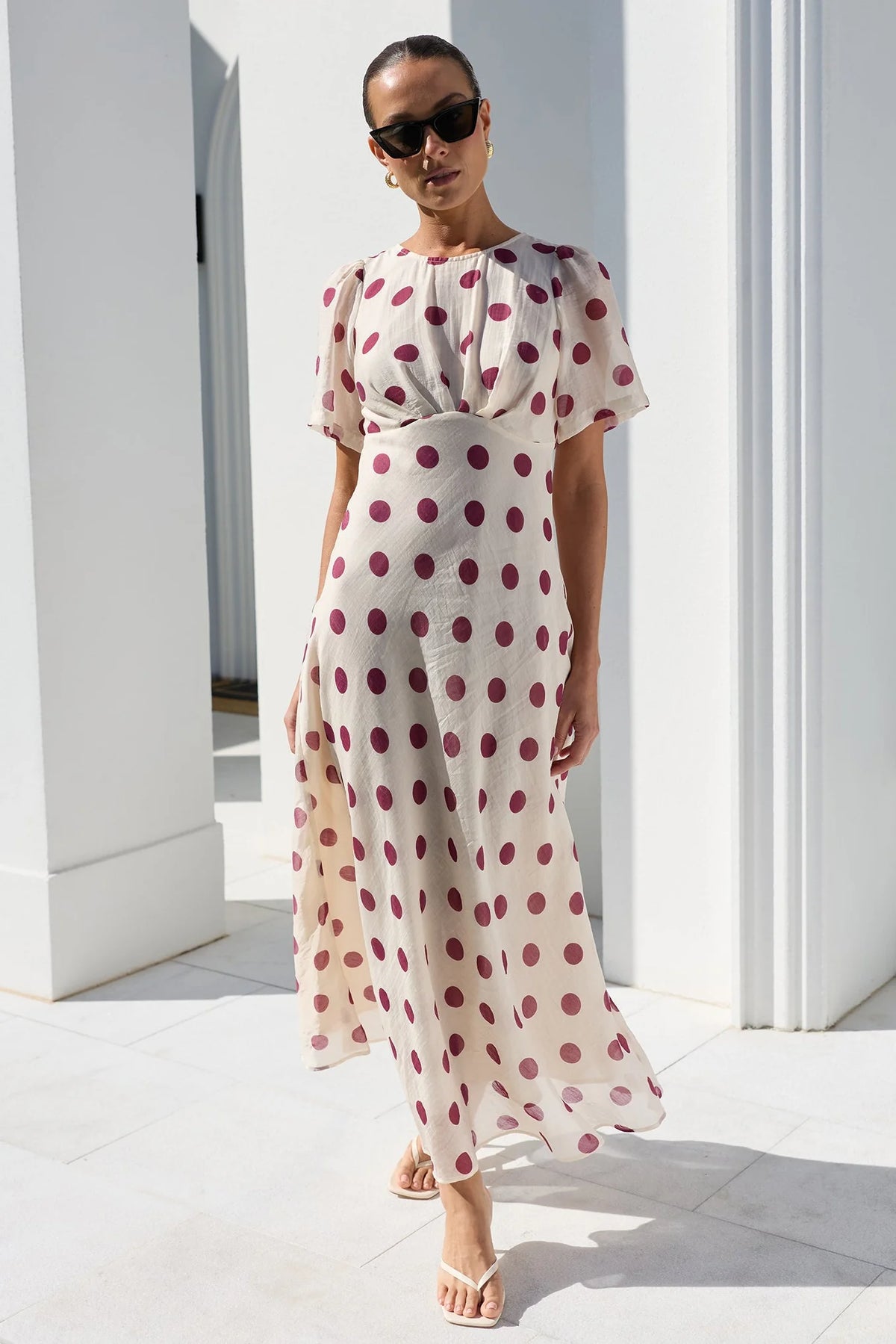 Stories Be Told Centrestage Cream Wine Polka Dot Twist Front SS Maxi Dress