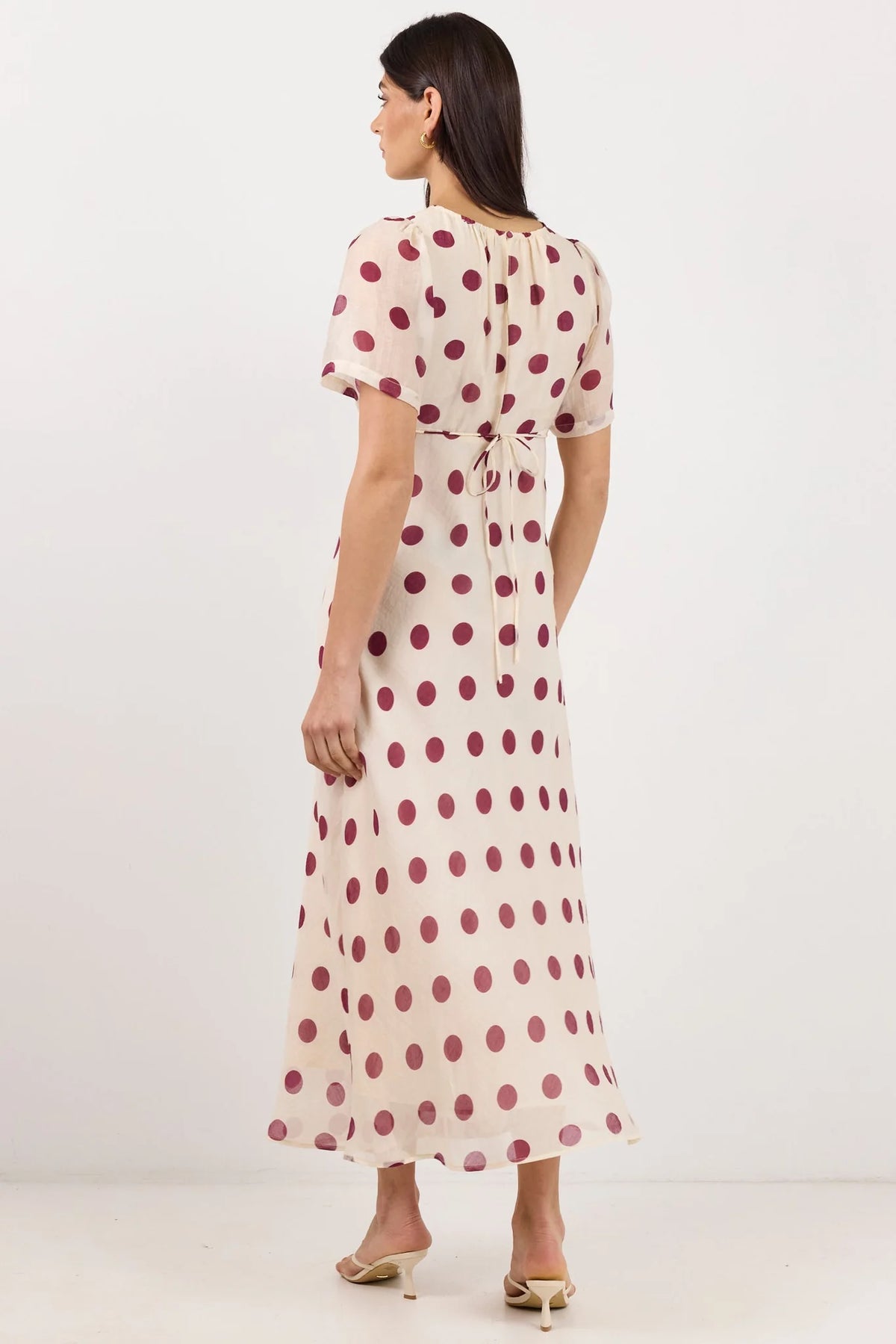 Stories Be Told Centrestage Cream Wine Polka Dot Twist Front SS Maxi Dress