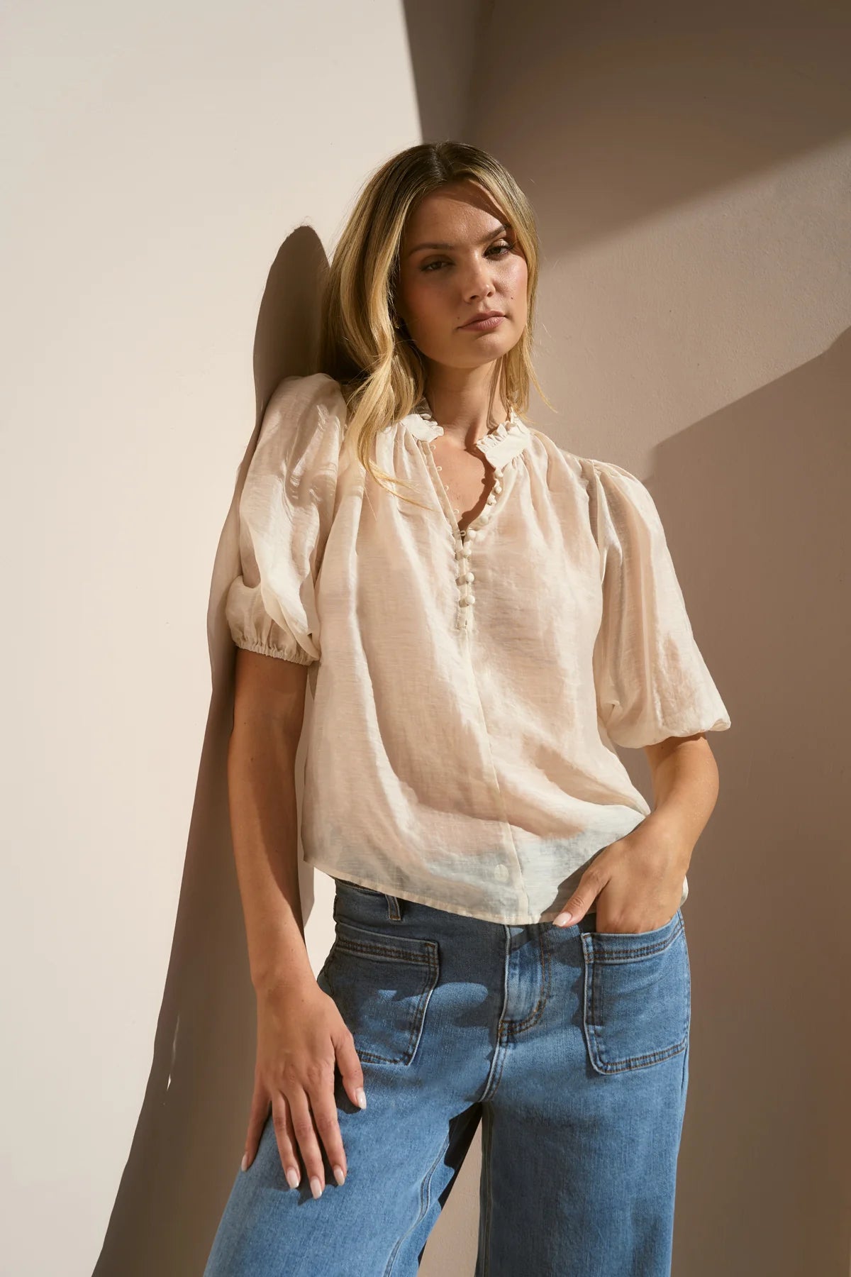 Ivy+Jack Closure Ivory Sheer High Neck Buttoned SS Top