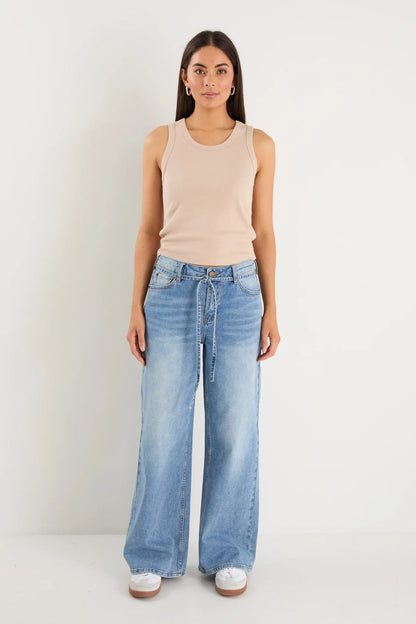 Stories Be Told College Light Blue Wide Leg Tie Belt Jean