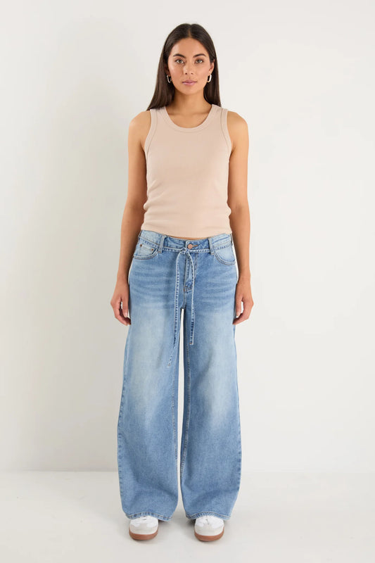 Stories Be Told College Light Blue Wide Leg Tie Belt Jean