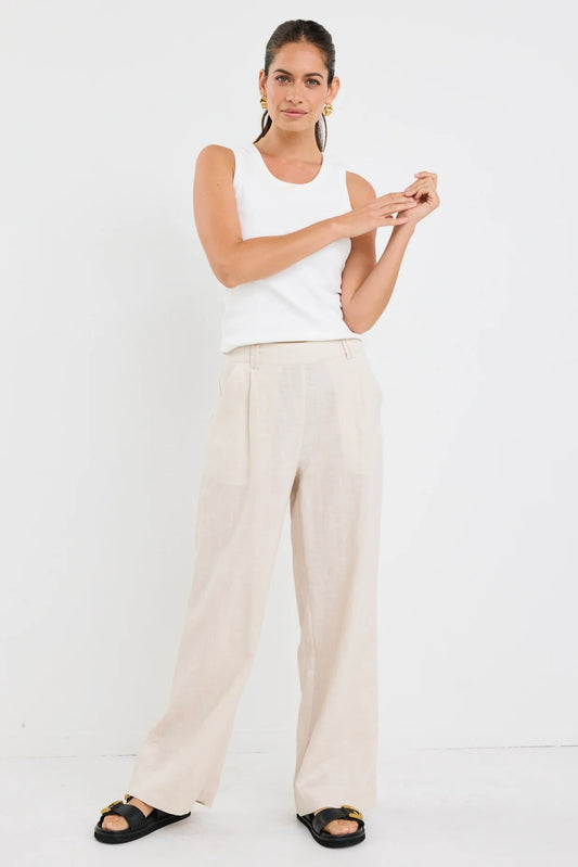 By Rosa Bestow Pumice Linen Elastic Back Wide Leg Pant