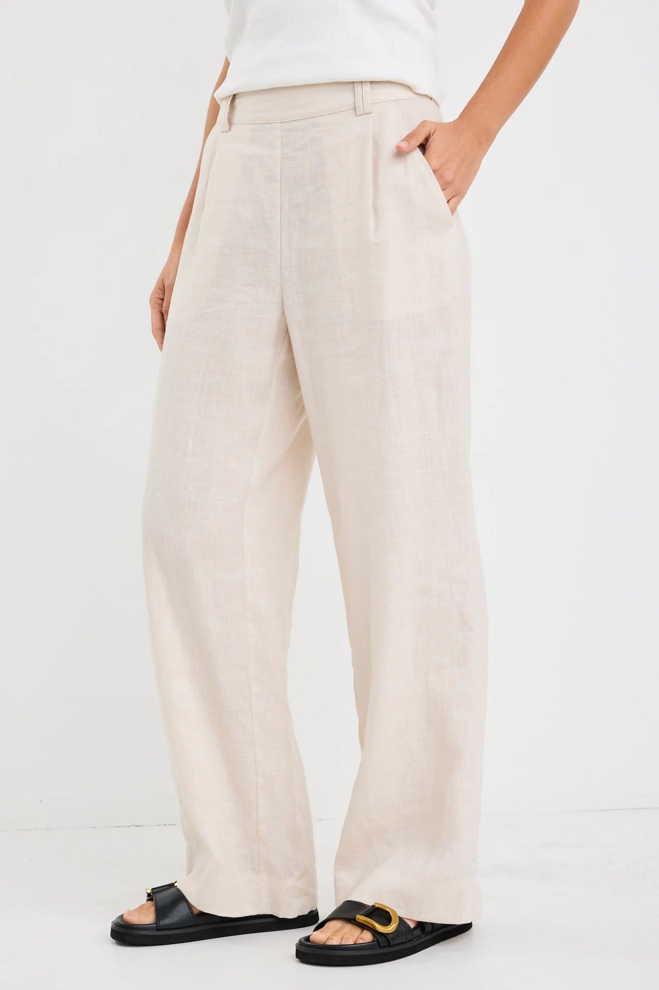 By Rosa Bestow Pumice Linen Elastic Back Wide Leg Pant