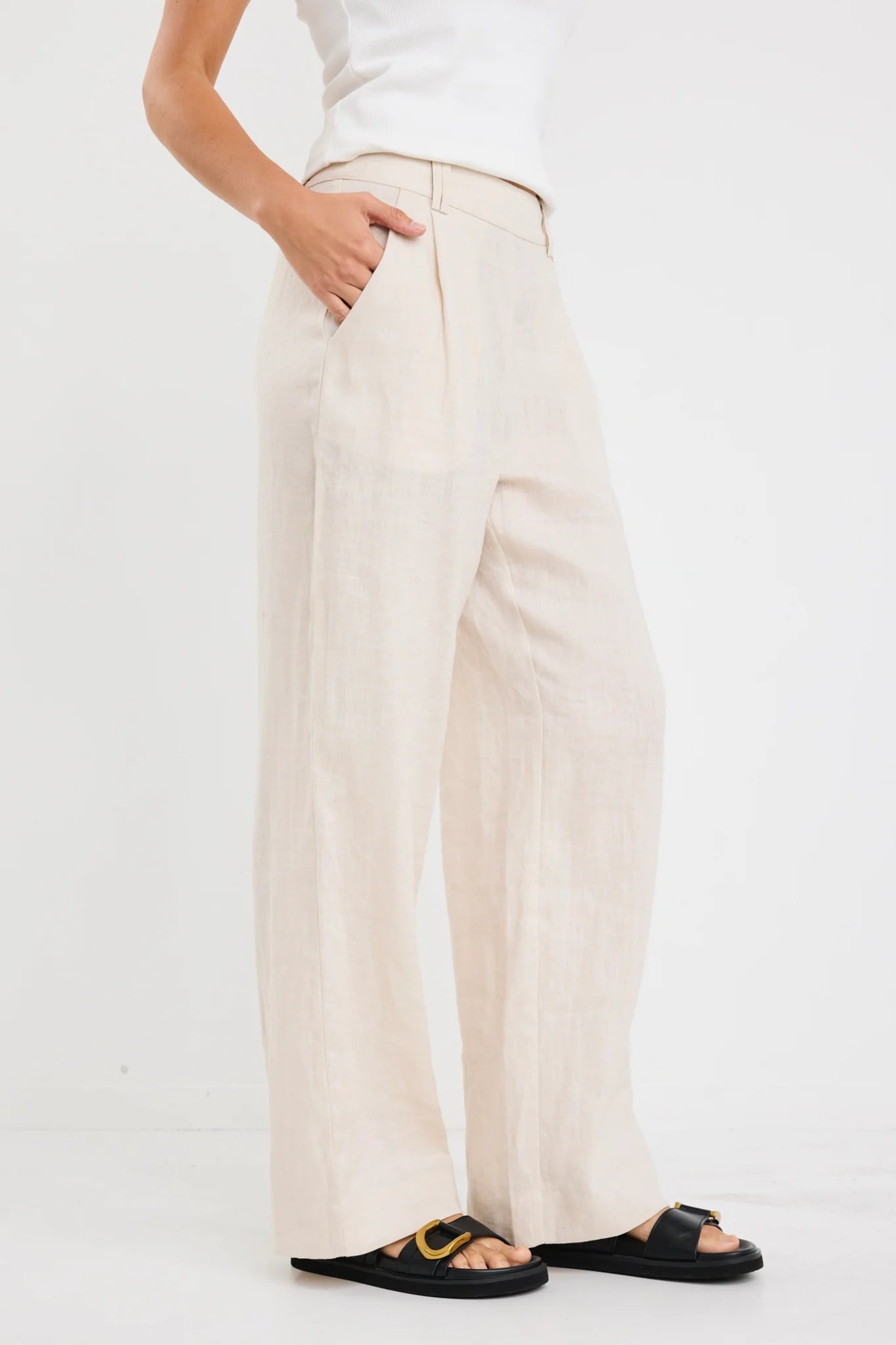 By Rosa Bestow Pumice Linen Elastic Back Wide Leg Pant
