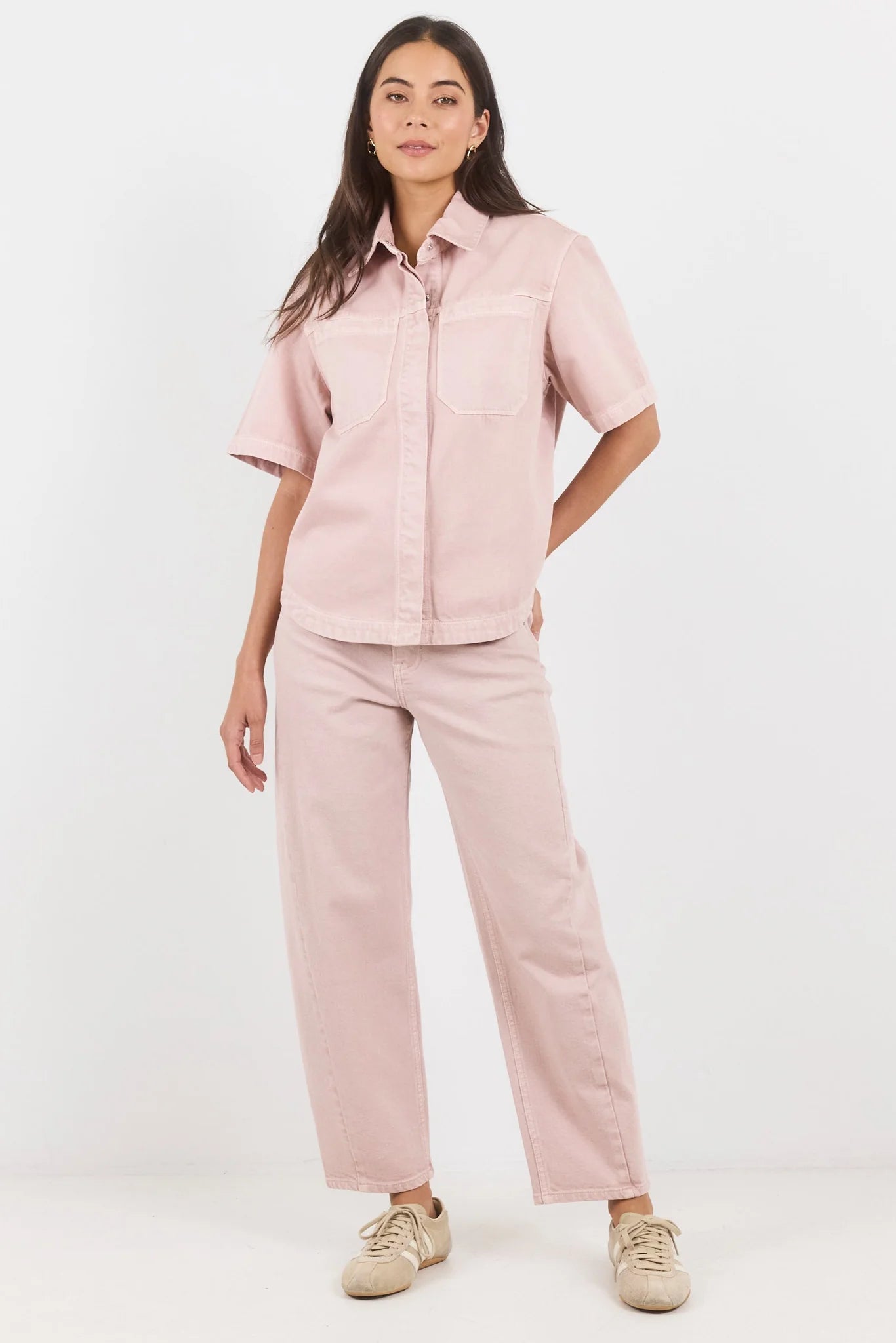Stories Be Told Crucial Pale Pink Denim Short Sleeve Shacket