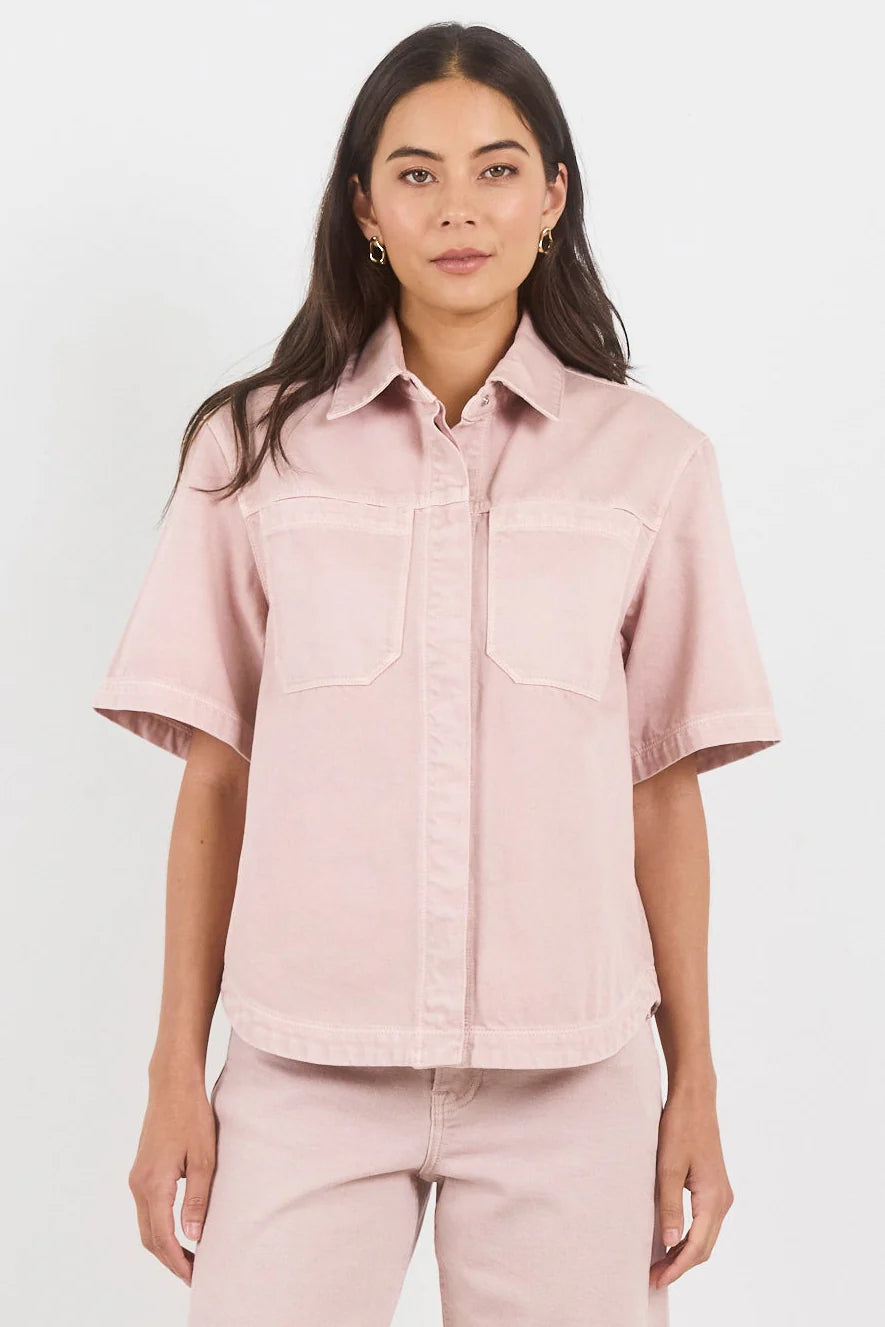 Stories Be Told Crucial Pale Pink Denim Short Sleeve Shacket