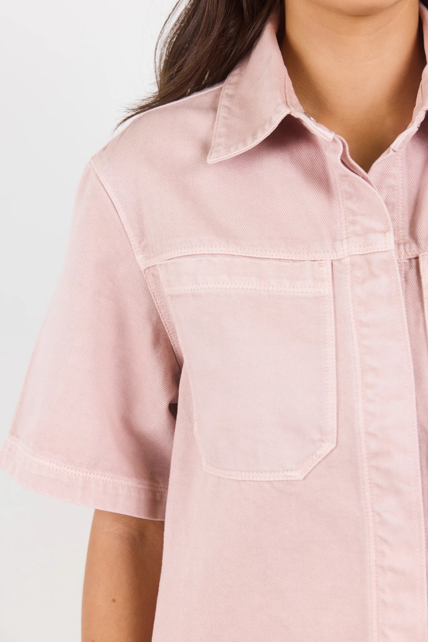 Stories Be Told Crucial Pale Pink Denim Short Sleeve Shacket