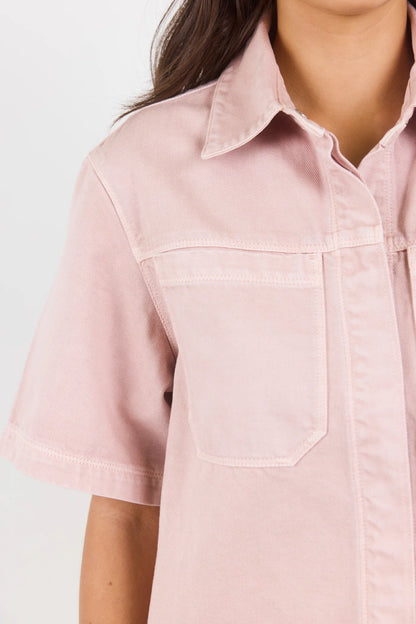 Stories Be Told Crucial Pale Pink Denim Short Sleeve Shacket