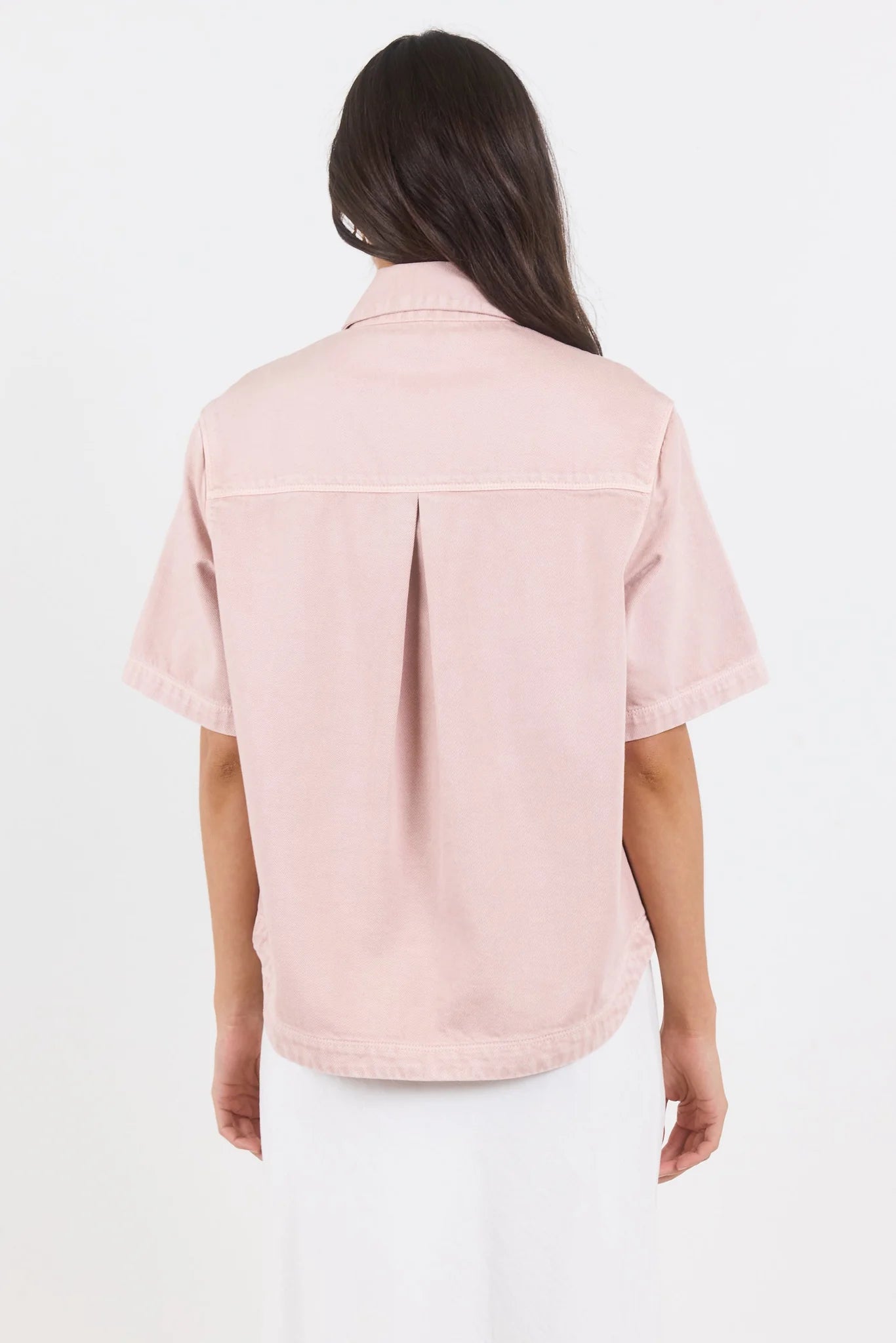 Stories Be Told Crucial Pale Pink Denim Short Sleeve Shacket