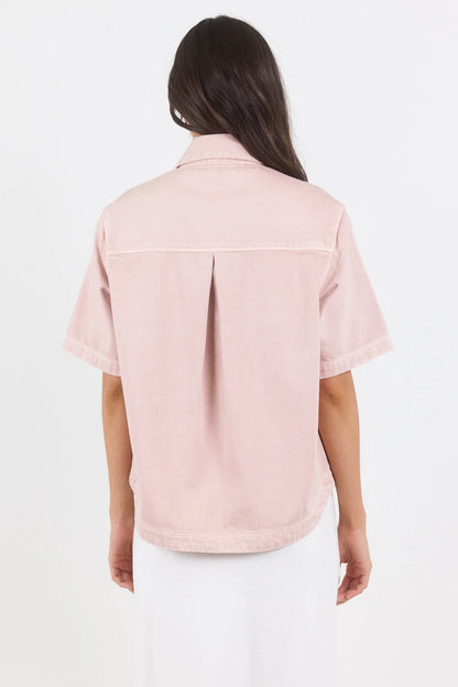 Stories Be Told Crucial Pale Pink Denim Short Sleeve Shacket