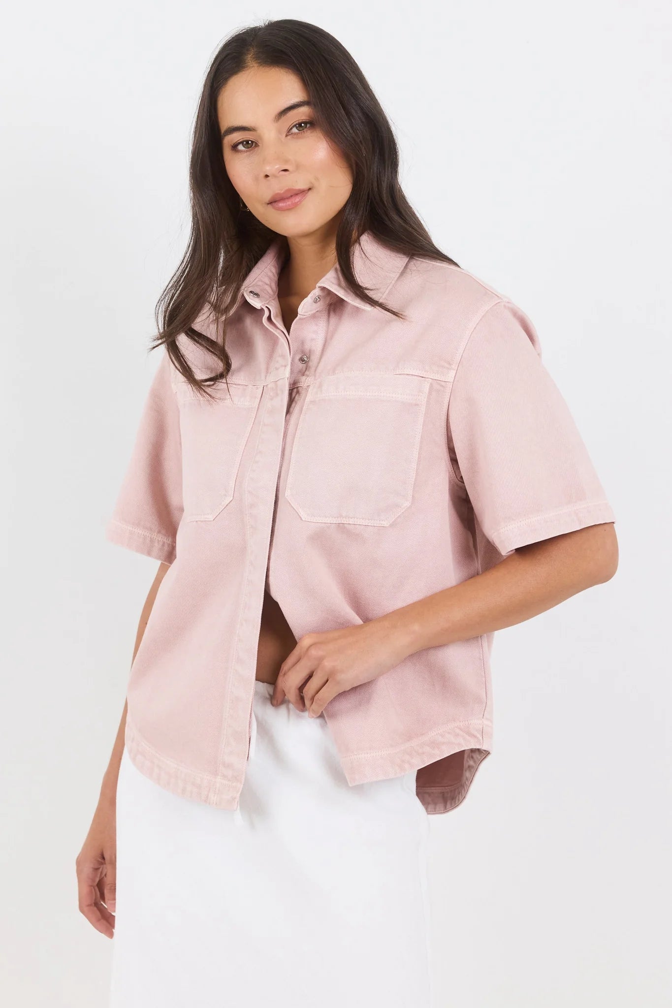 Stories Be Told Crucial Pale Pink Denim Short Sleeve Shacket
