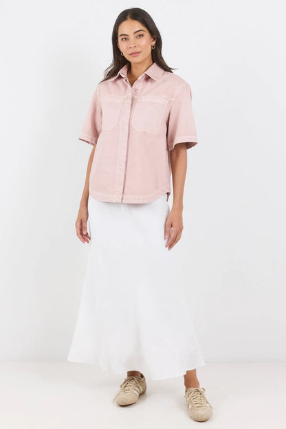 Stories Be Told Crucial Pale Pink Denim Short Sleeve Shacket