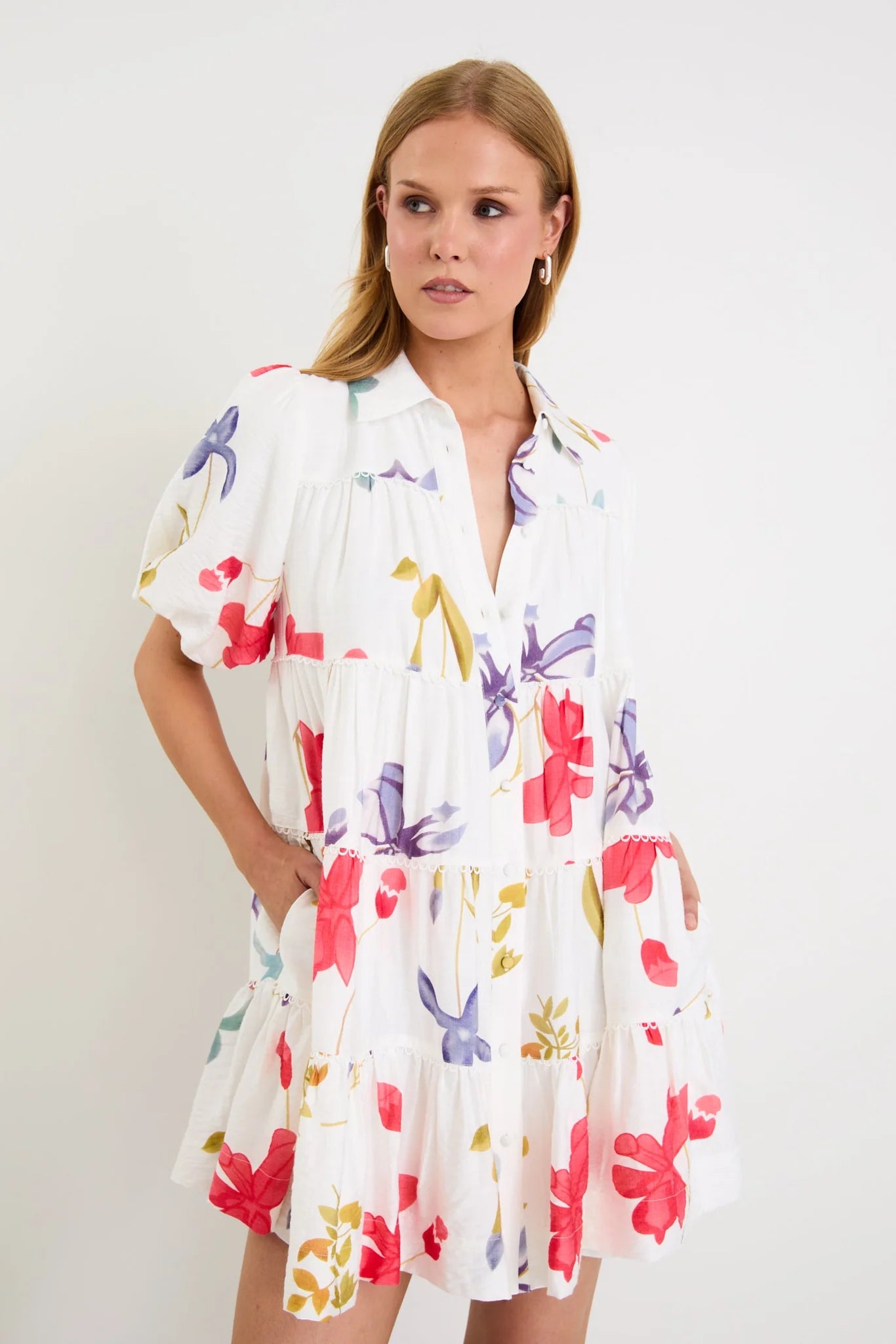 By Rosa Dahlia Cream Poppy Floral Mini Tiered Dress