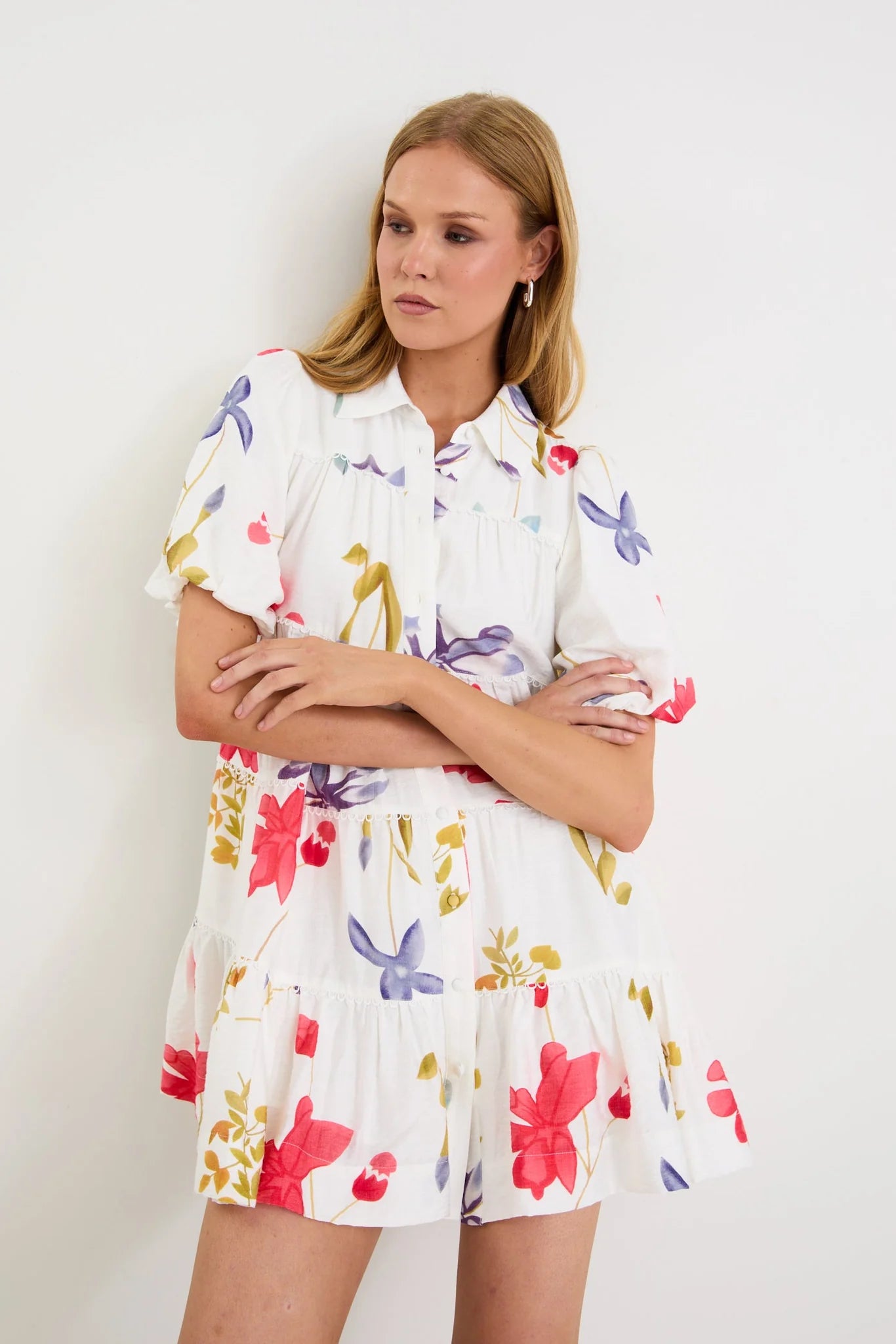 By Rosa Dahlia Cream Poppy Floral Mini Tiered Dress