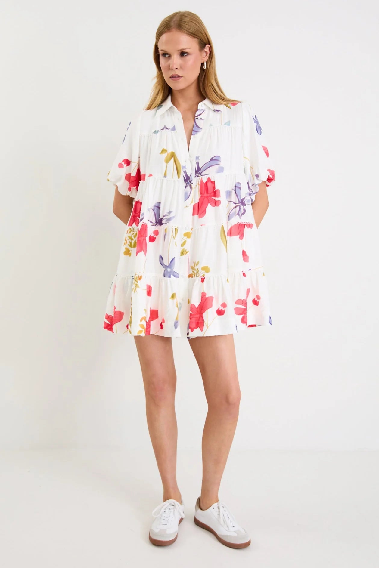 By Rosa Dahlia Cream Poppy Floral Mini Tiered Dress