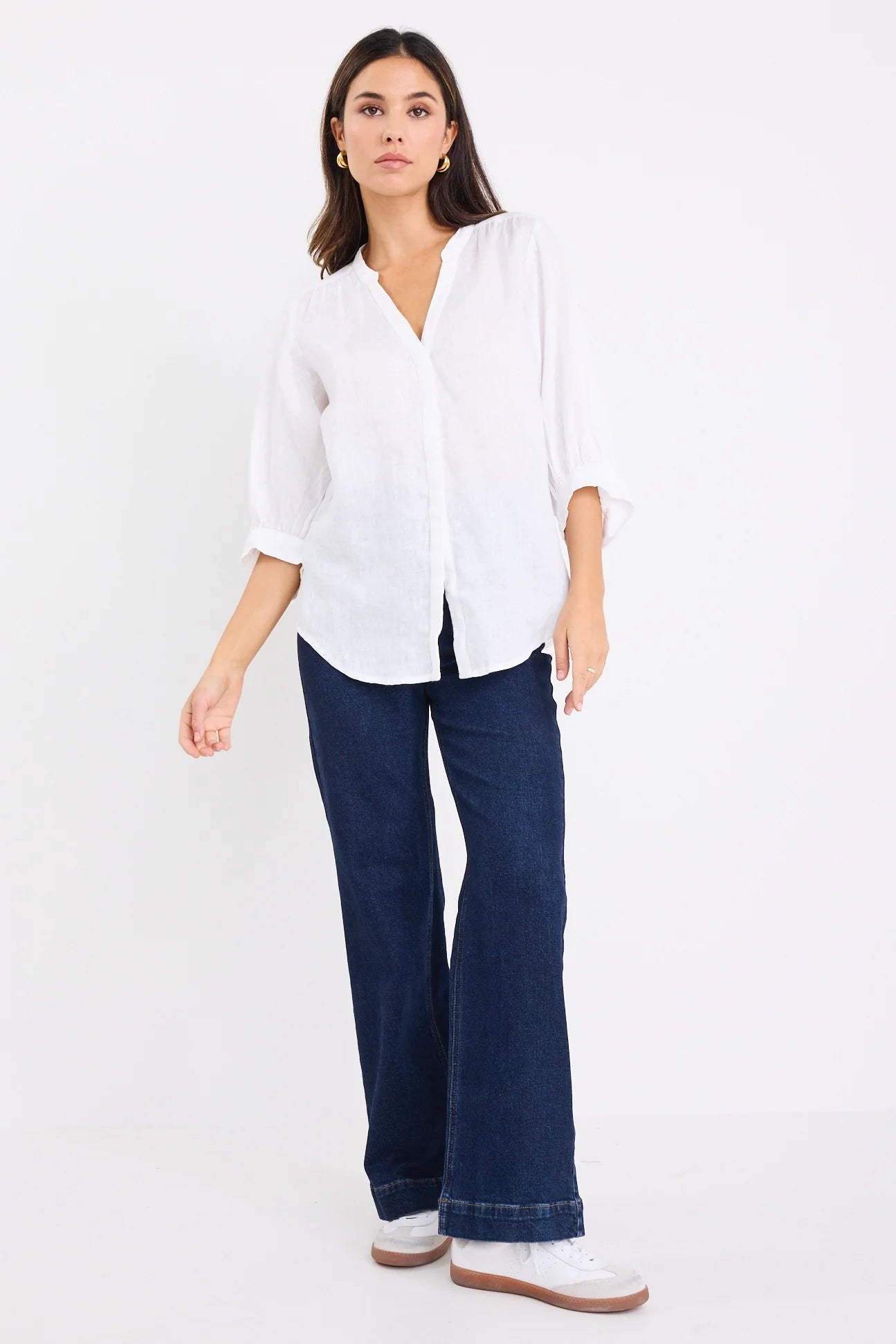by Rosa Deity White Linen Button Through Puff Sleeve Blouse