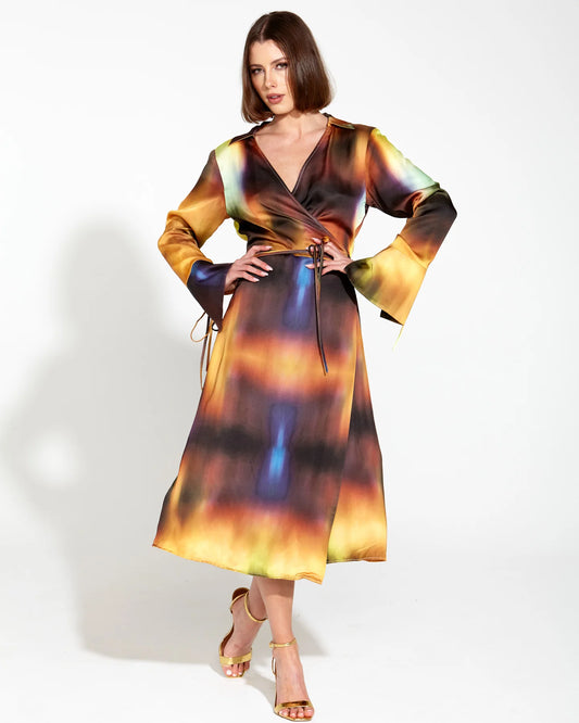 Fate+Becker Orbit Satin Wrap Midi Dress