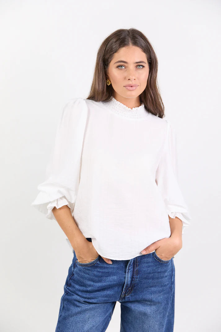 Among The Brave Embrace Ivory Self Stripe Shirred Neck LS Top