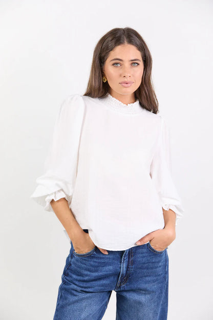Among The Brave Embrace Ivory Self Stripe Shirred Neck LS Top