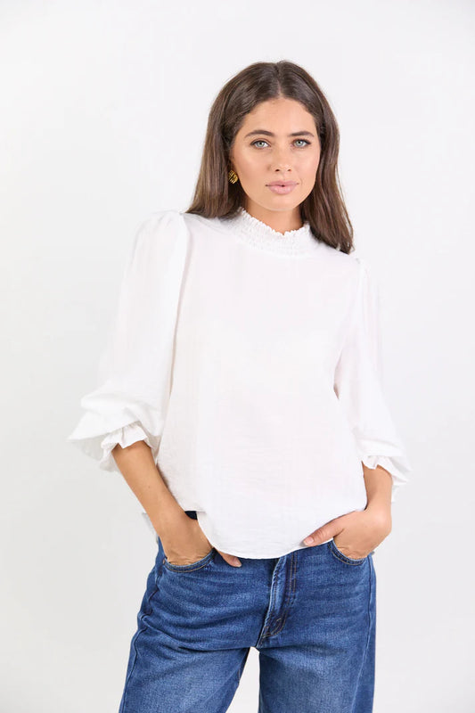 Among The Brave Embrace Ivory Self Stripe Shirred Neck LS Top