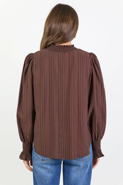 Among The Brave Embrace Self Stipe Shirred Neck LS Top Chocolate