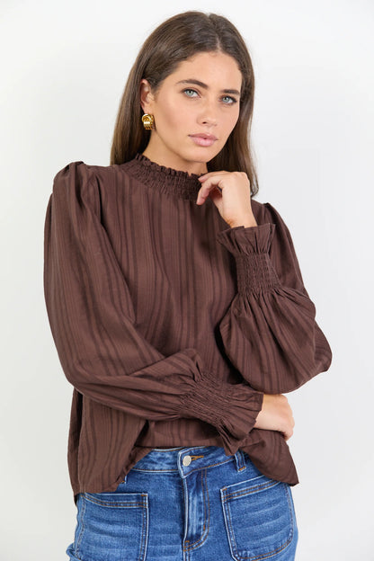 Among The Brave Embrace Self Stipe Shirred Neck LS Top Chocolate