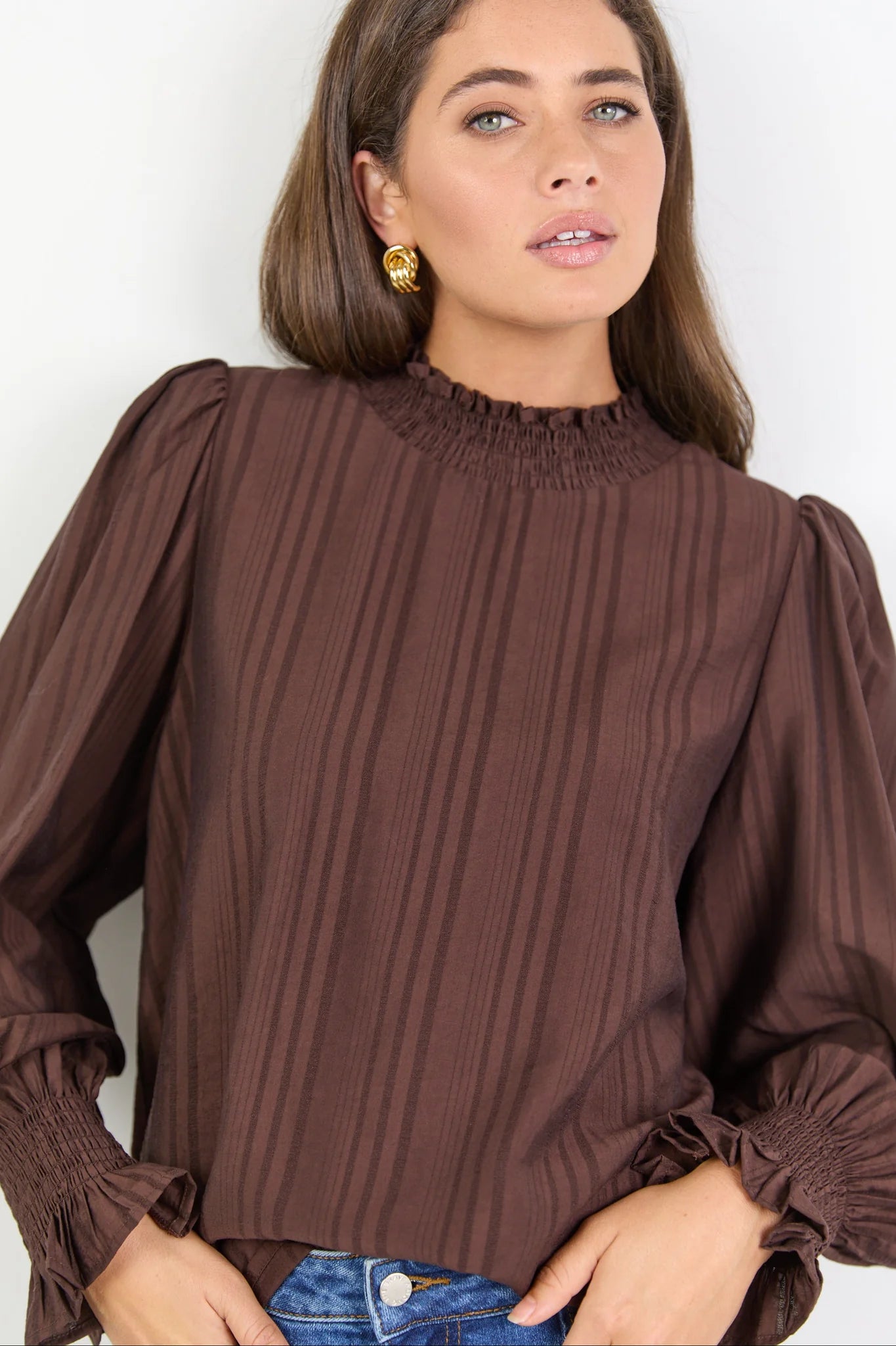 Among The Brave Embrace Self Stipe Shirred Neck LS Top Chocolate