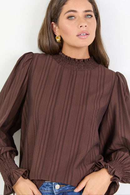 Among The Brave Embrace Self Stipe Shirred Neck LS Top Chocolate