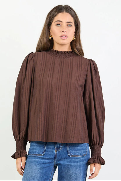 Among The Brave Embrace Self Stipe Shirred Neck LS Top Chocolate