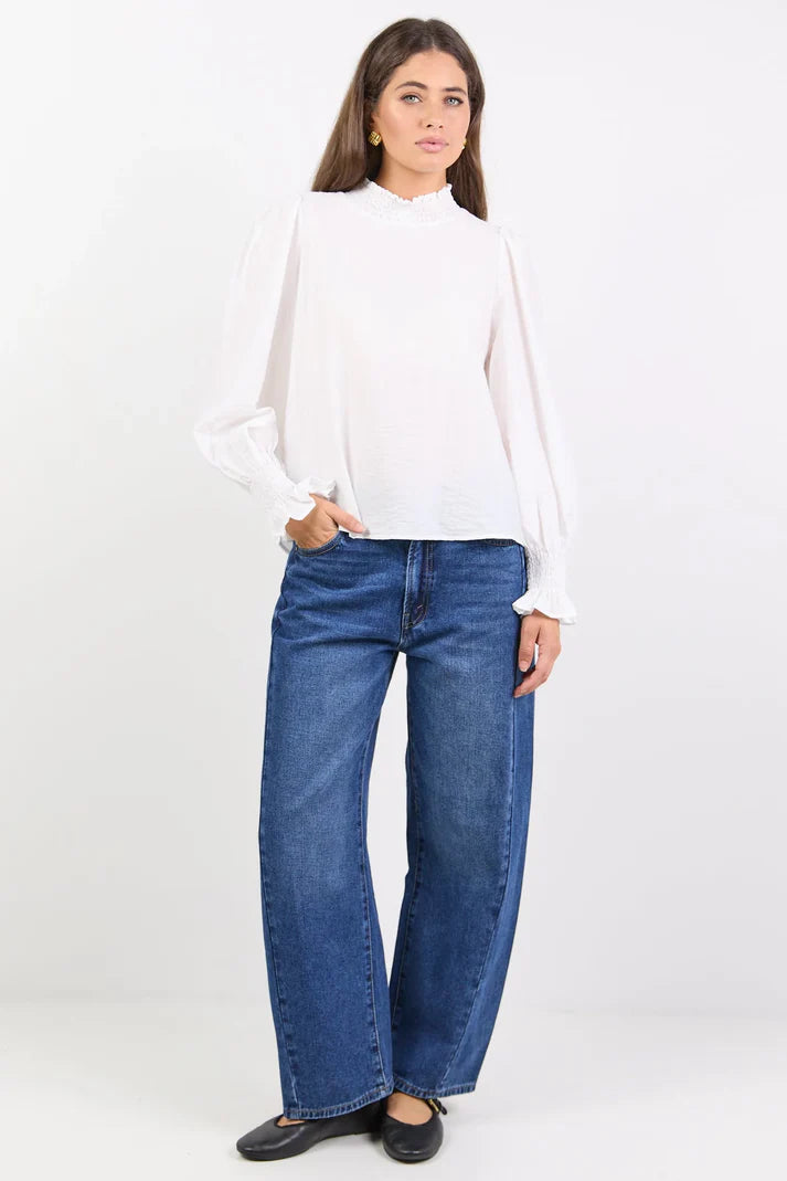 Among The Brave Embrace Ivory Self Stripe Shirred Neck LS Top