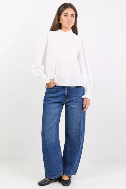 Among The Brave Embrace Ivory Self Stripe Shirred Neck LS Top
