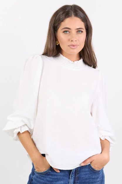 Among The Brave Embrace Ivory Self Stripe Shirred Neck LS Top