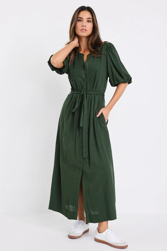 by Rosa Emotion Forest Puff Sleeve Pin Tuck Midi Shirt Dress