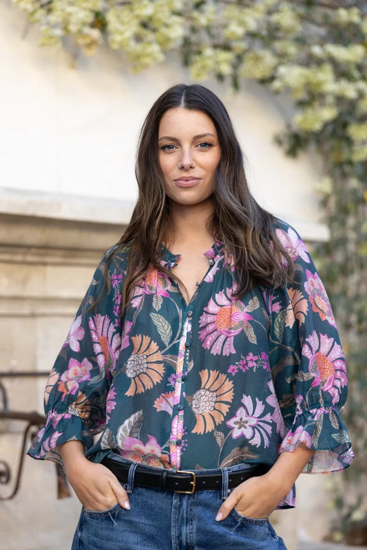 by Rosa Encounter Petrol Scarf Print SS Gathered Button Front Top