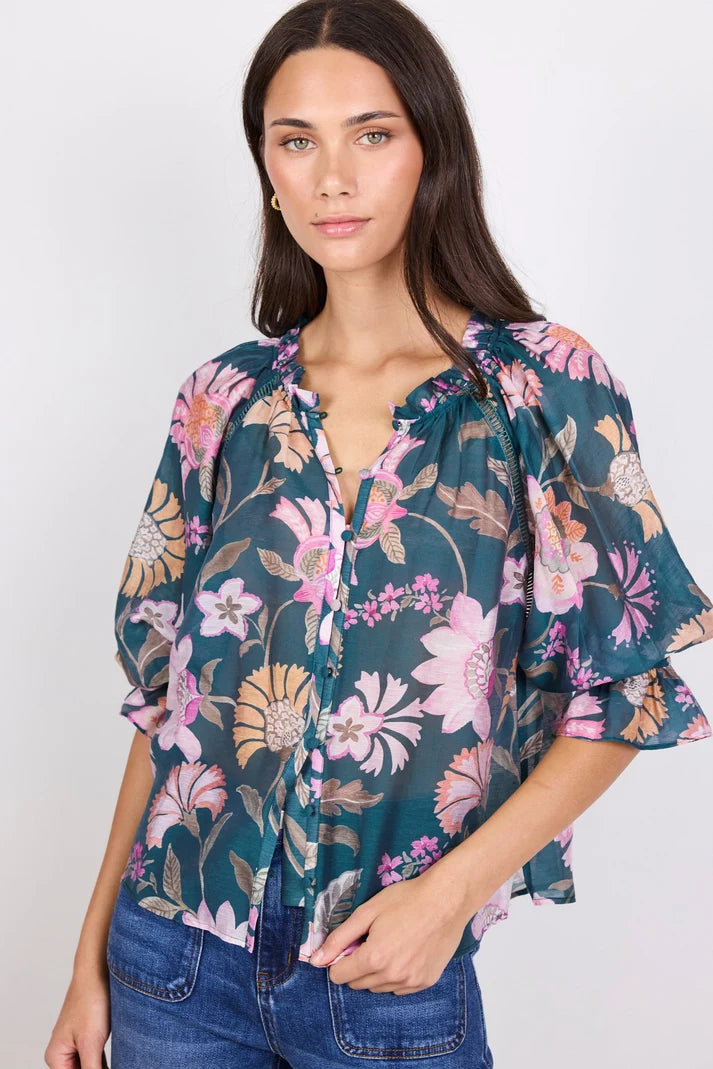 by Rosa Encounter Petrol Scarf Print SS Gathered Button Front Top