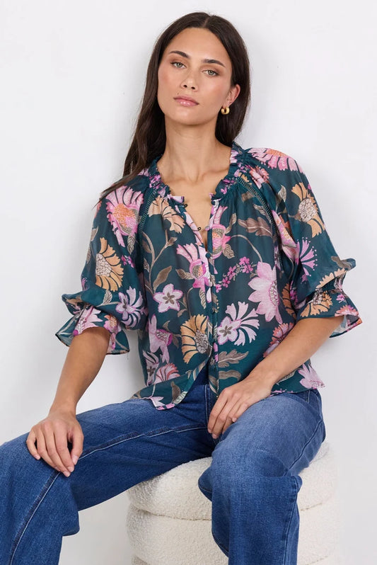 by Rosa Encounter Petrol Scarf Print SS Gathered Button Front Top