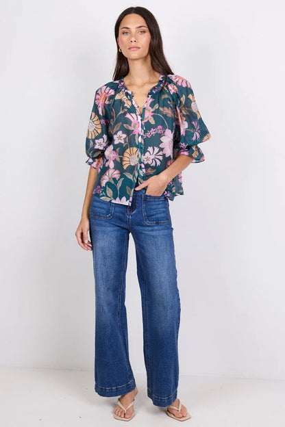 by Rosa Encounter Petrol Scarf Print SS Gathered Button Front Top