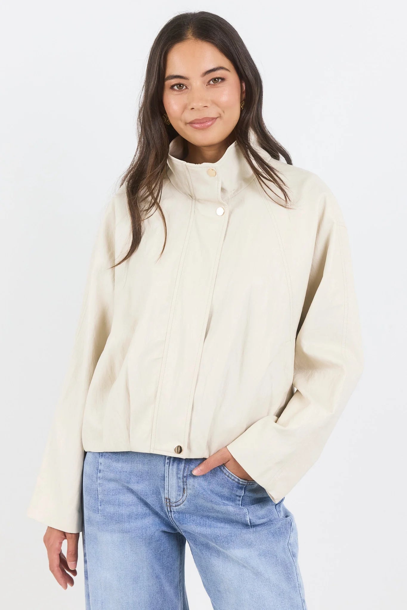 Stories Be Told Ensemble Putty Faux Leather Funnel Neck Zip Through Bomber Jacket