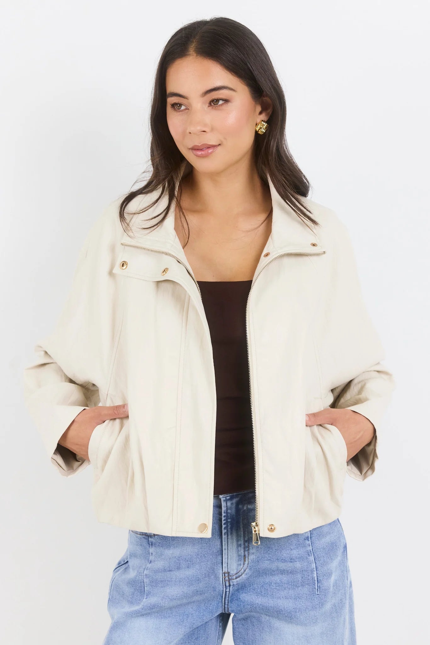 Stories Be Told Ensemble Putty Faux Leather Funnel Neck Zip Through Bomber Jacket