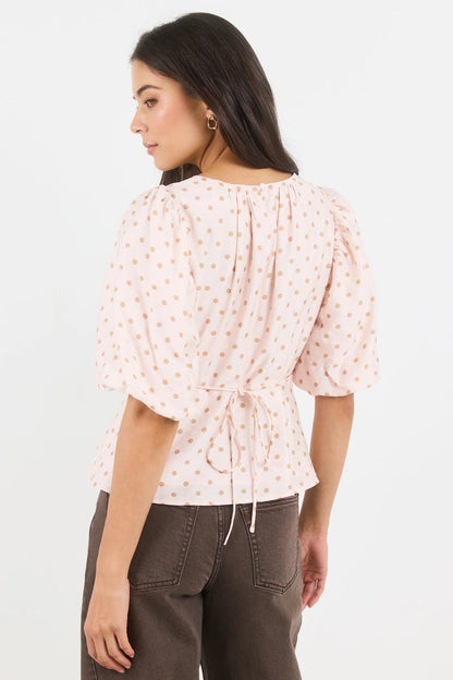 Stories Be Told Eventual Blush Chocolate Polka Dot Mid Sleeve Fit and Flare Top