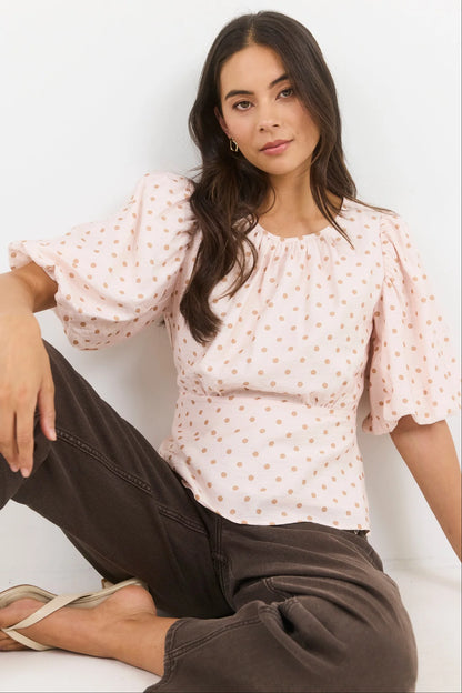 Stories Be Told Eventual Blush Chocolate Polka Dot Mid Sleeve Fit and Flare Top