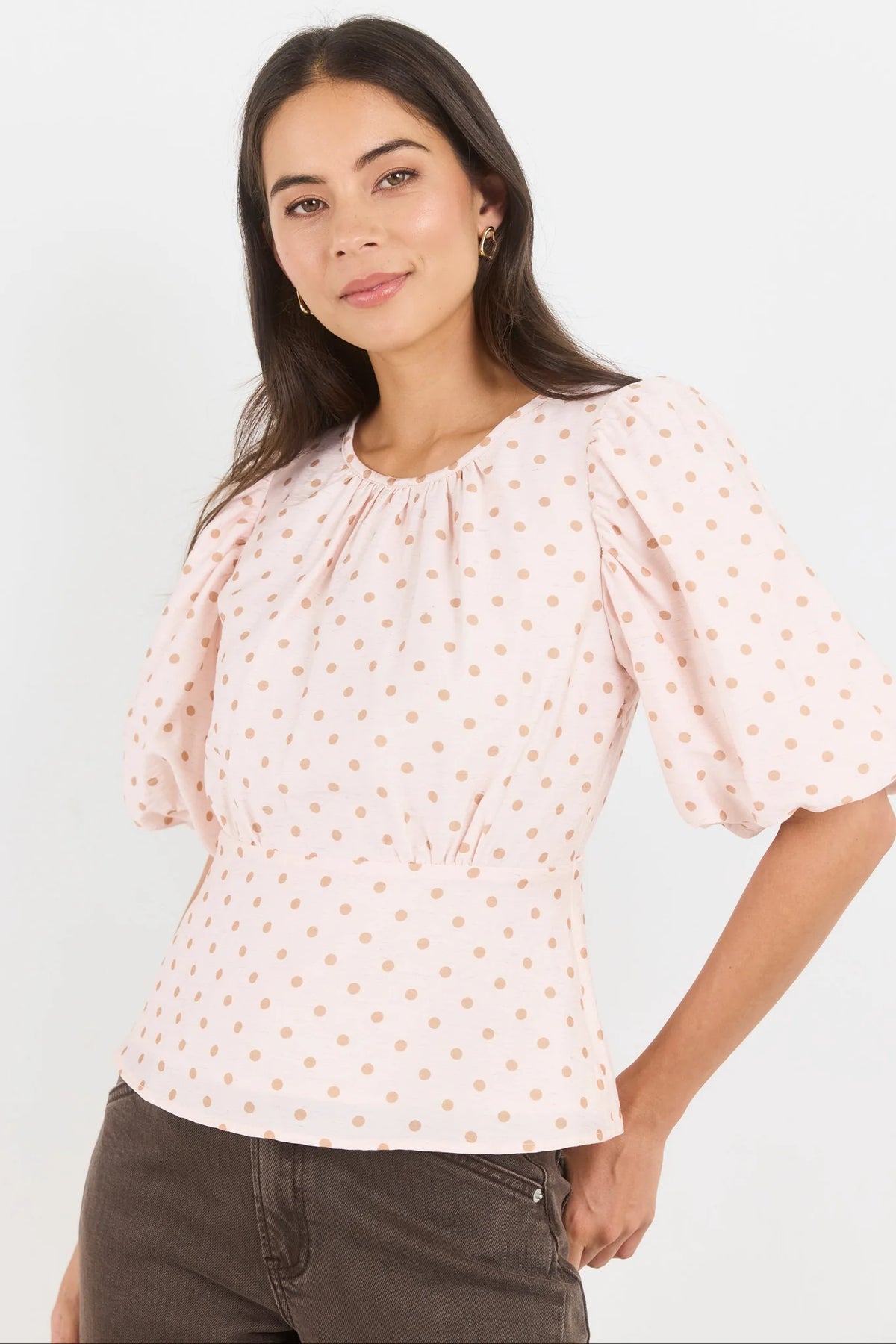 Stories Be Told Eventual Blush Chocolate Polka Dot Mid Sleeve Fit and Flare Top