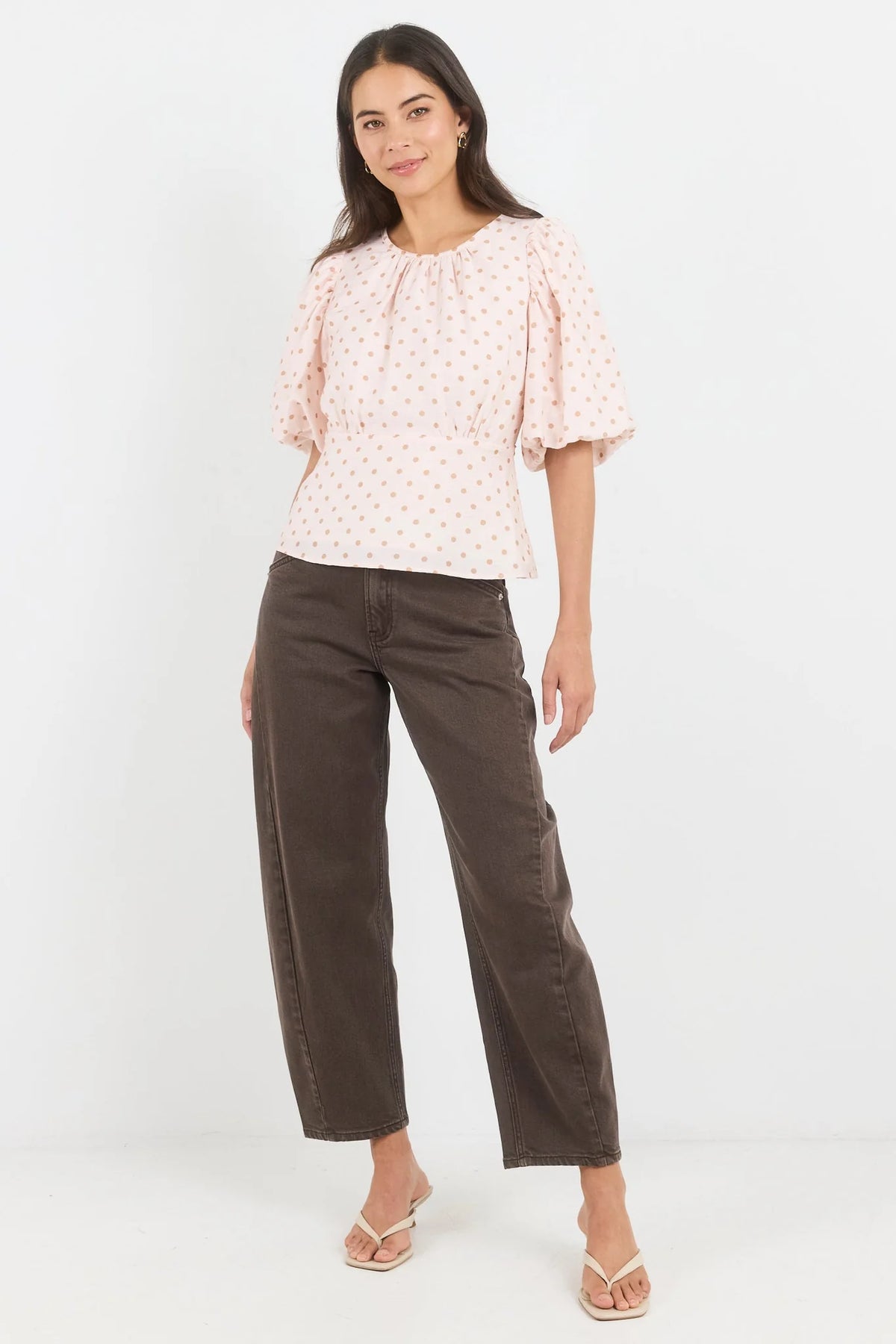 Stories Be Told Eventual Blush Chocolate Polka Dot Mid Sleeve Fit and Flare Top