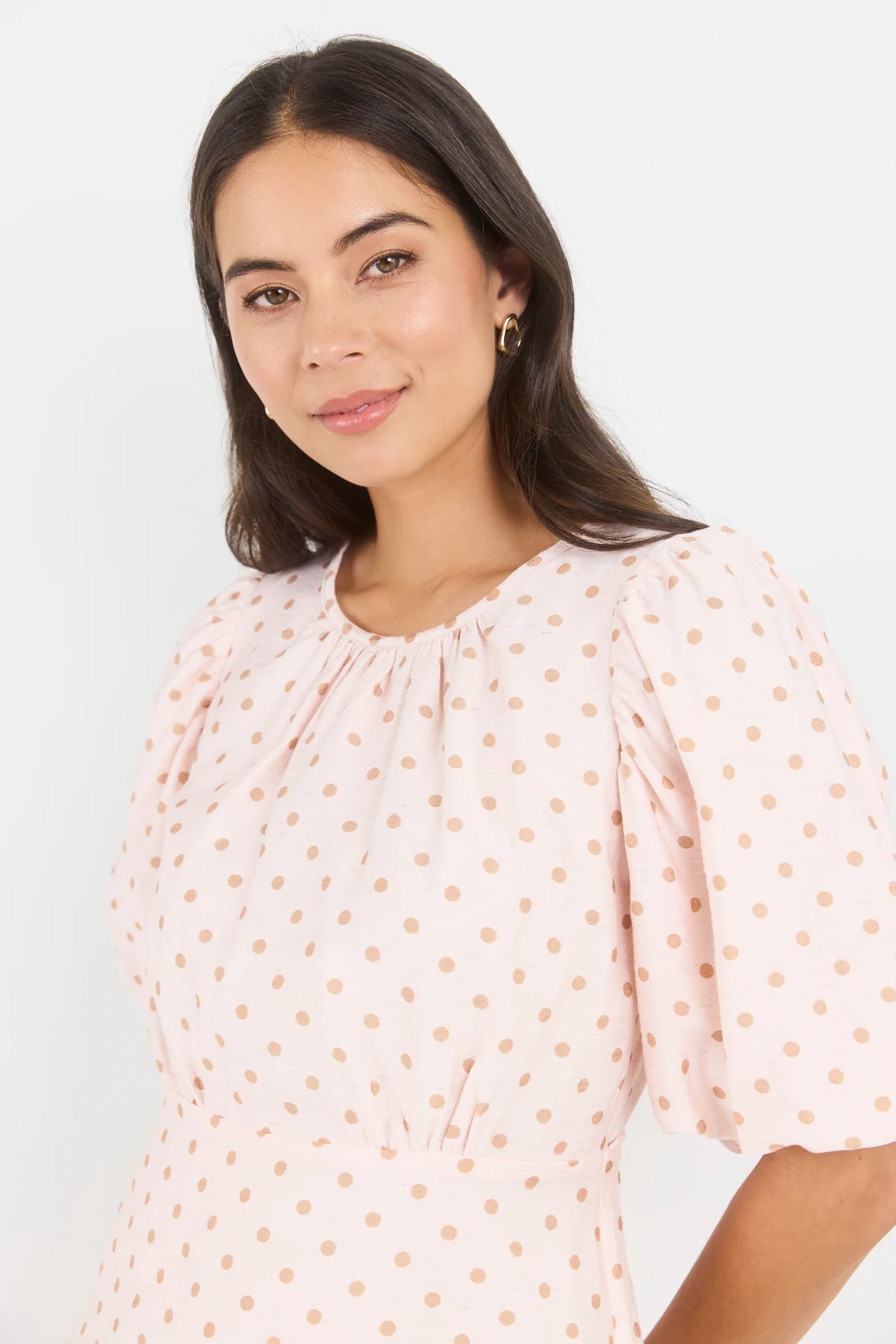 Stories Be Told Eventual Blush Chocolate Polka Dot Mid Sleeve Fit and Flare Top