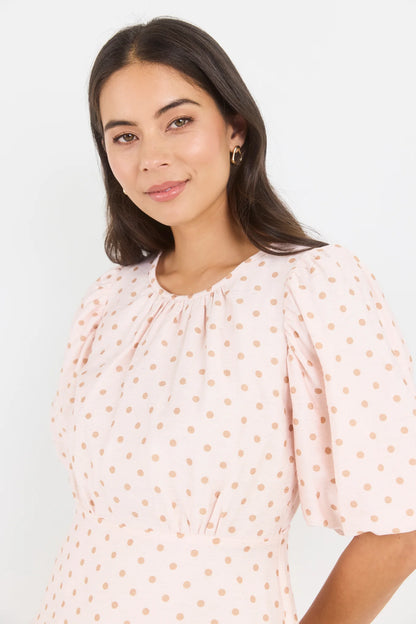Stories Be Told Eventual Blush Chocolate Polka Dot Mid Sleeve Fit and Flare Top
